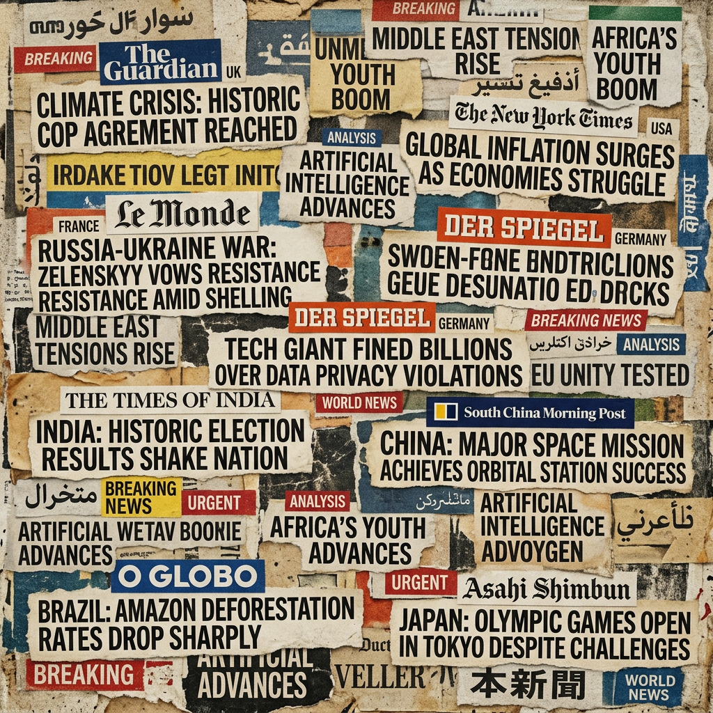 Collage of multilingual newspaper headlines about global crises, technology, politics, and major events